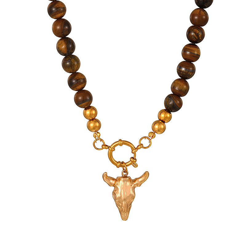 White + Gold Bull Head Titanium Steel Ring Buckle Natural Stone Bead Necklace