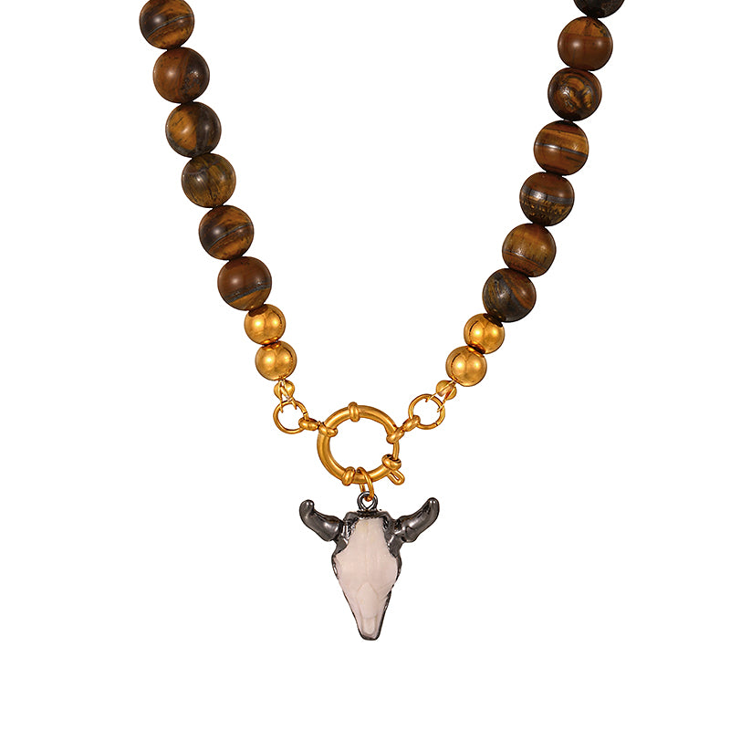 White + Gold Bull Head Titanium Steel Ring Buckle Natural Stone Bead Necklace