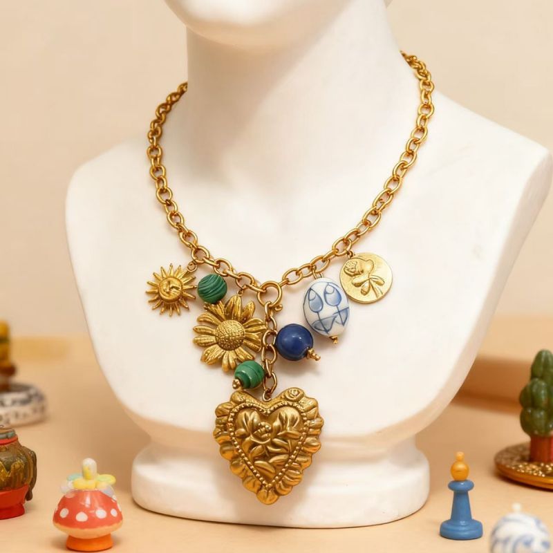 Royal Blue 304 Stainless Steel Heart And Ceramic Flower Necklace