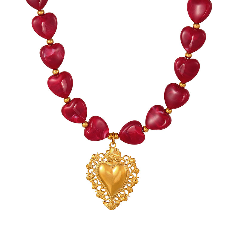 Red 1 Titanium Steel Heart-shaped Resin Beaded Necklace