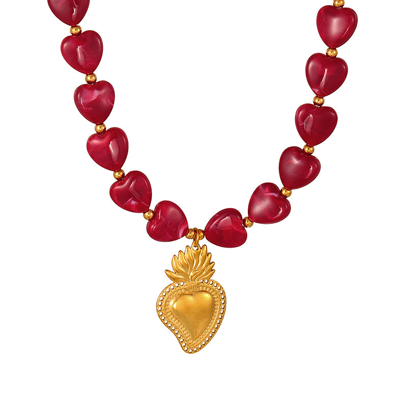 Red 1 Titanium Steel Heart-shaped Resin Beaded Necklace