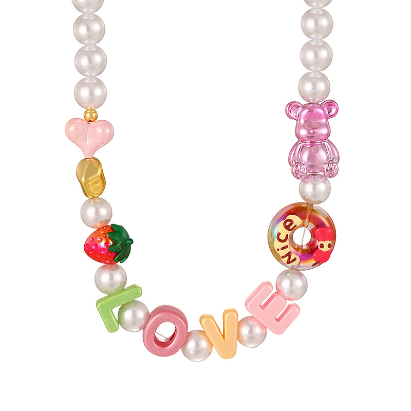 Color 1 Letter Love Donut Bear Faux Pearl Necklace