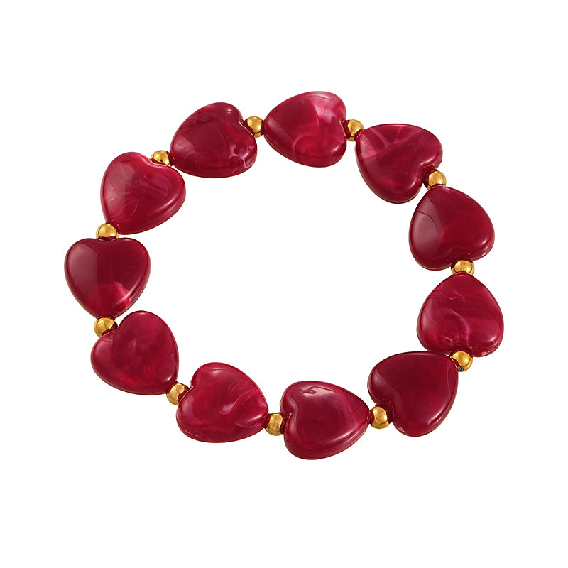 Red Resin Heart Titanium Steel Beaded Bracelet