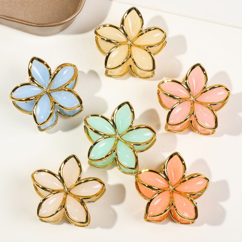 Pack Of 6 Small Frangipani Flowers - Golden-edged Jelly Color Plastic Frangipani Clip Set