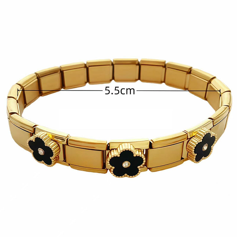 White And Red With Diamonds - Gold Stainless Steel Flower Square Module Bracelet