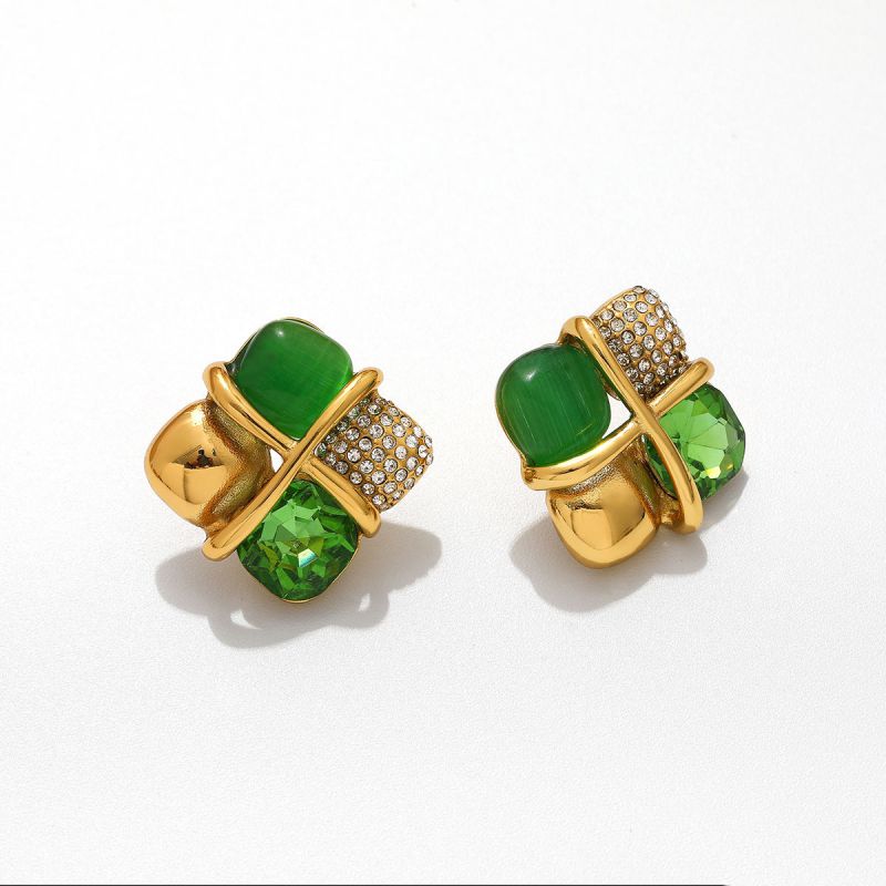 Green Stainless Steel Diamond-encrusted Irregular Earrings