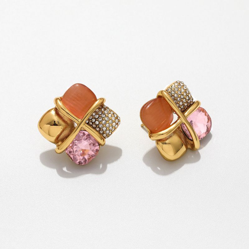 Green Stainless Steel Diamond-encrusted Irregular Earrings