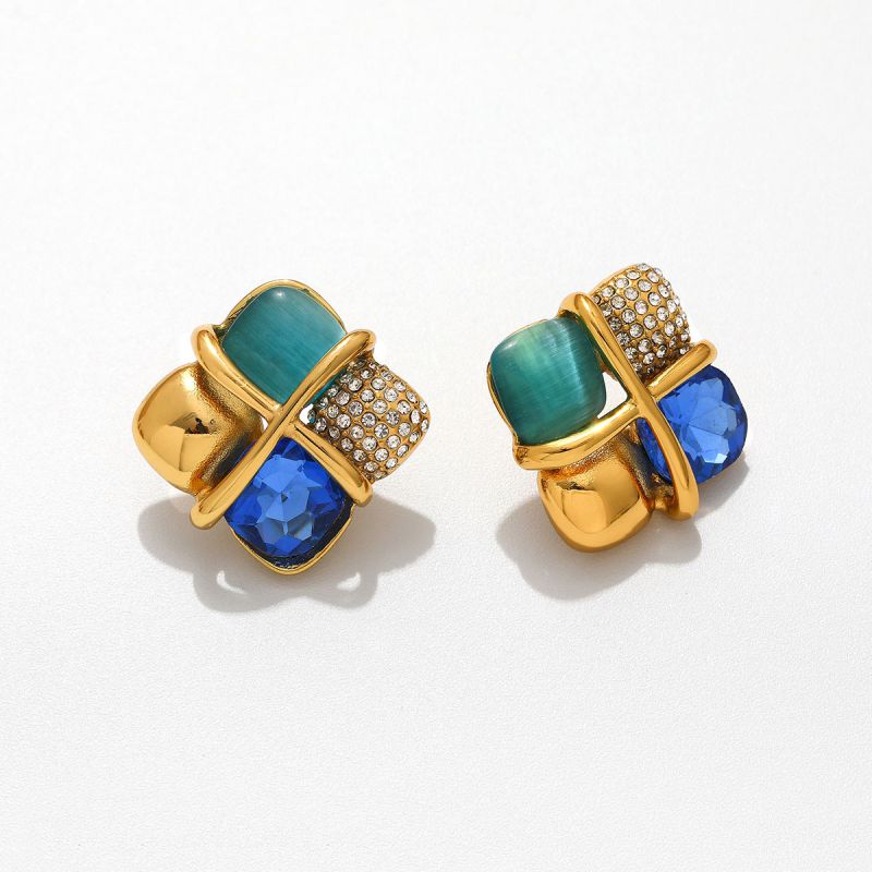 Green Stainless Steel Diamond-encrusted Irregular Earrings