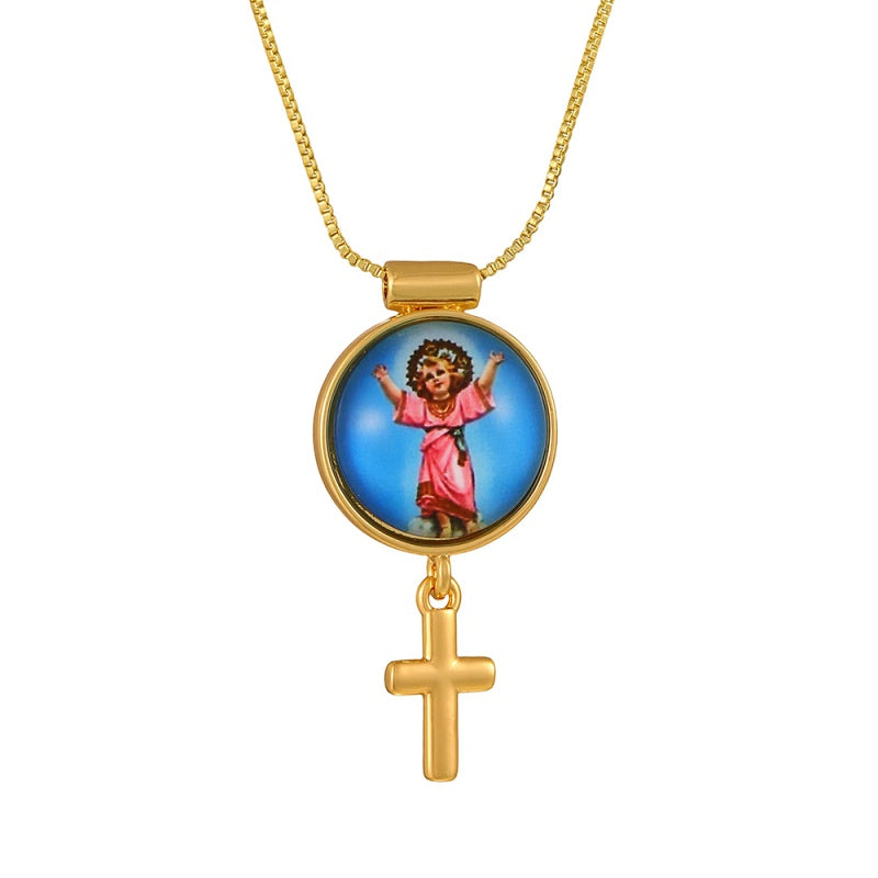 Gold 1 Circular Religious Pattern Cross Necklace