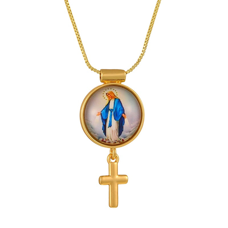 Gold 1 Circular Religious Pattern Cross Necklace