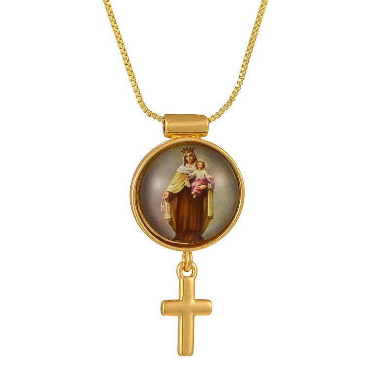 Gold 1 Circular Religious Pattern Cross Necklace