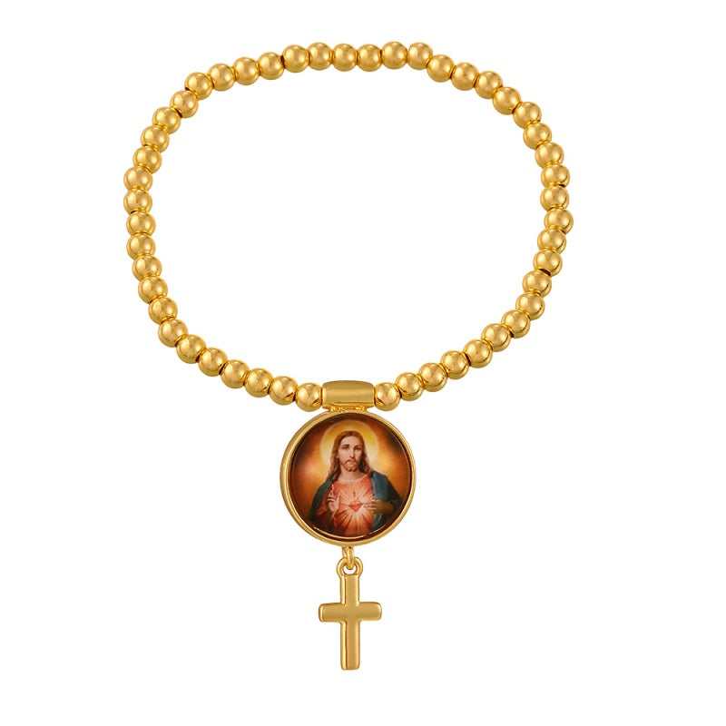 Gold 1 Circular Religious Pattern Cross Beaded Bracelet