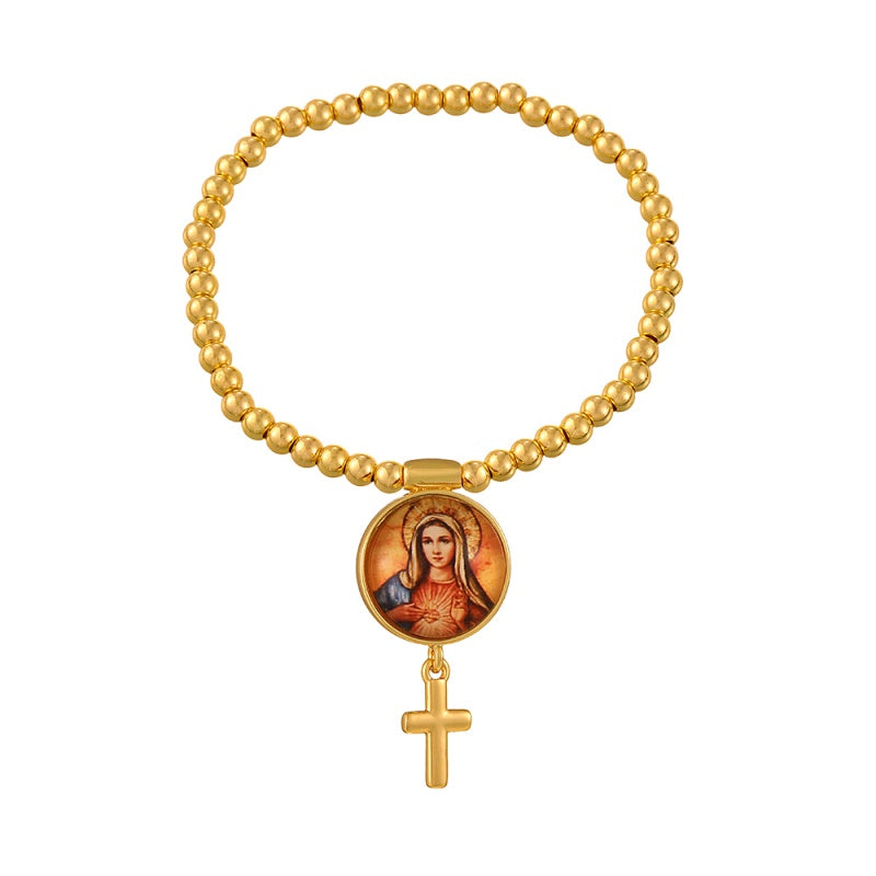 Gold 1 Circular Religious Pattern Cross Beaded Bracelet