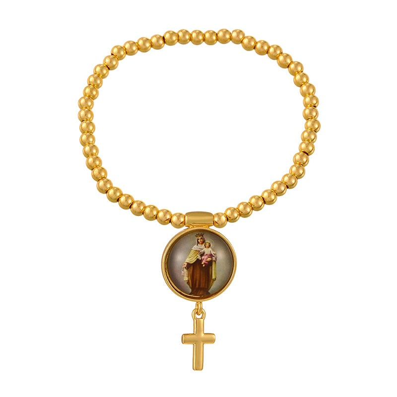 Gold 1 Circular Religious Pattern Cross Beaded Bracelet