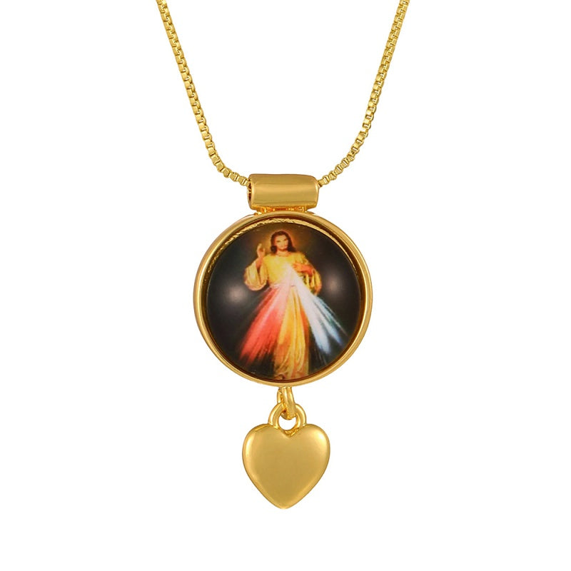 Gold 1 Circular Religious Pattern Heart Necklace