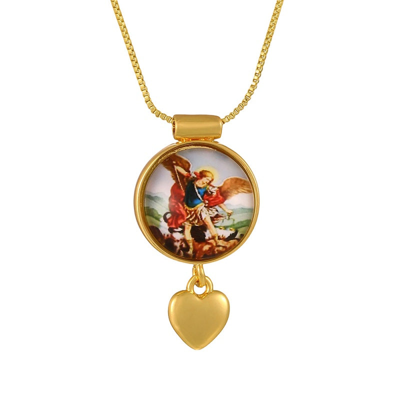 Gold 1 Circular Religious Pattern Heart Necklace