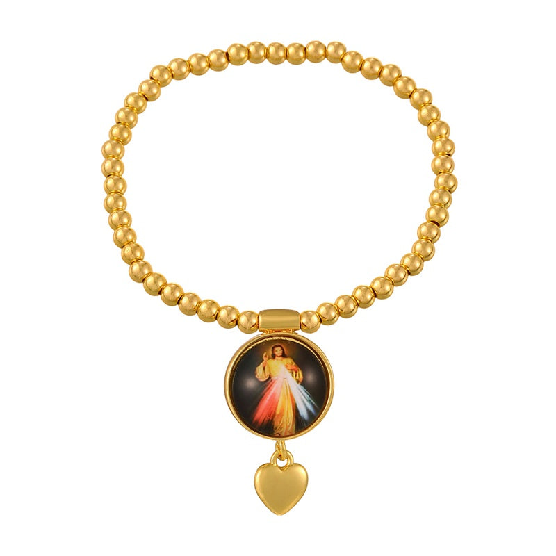 Gold 1 Round Religious Pattern Heart Beaded Bracelet