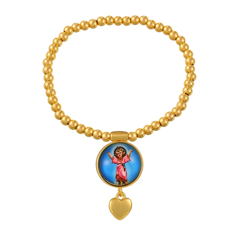 Gold 1 Round Religious Pattern Heart Beaded Bracelet