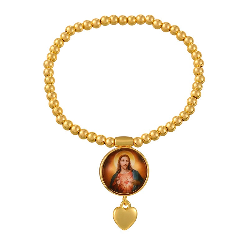 Gold 1 Round Religious Pattern Heart Beaded Bracelet