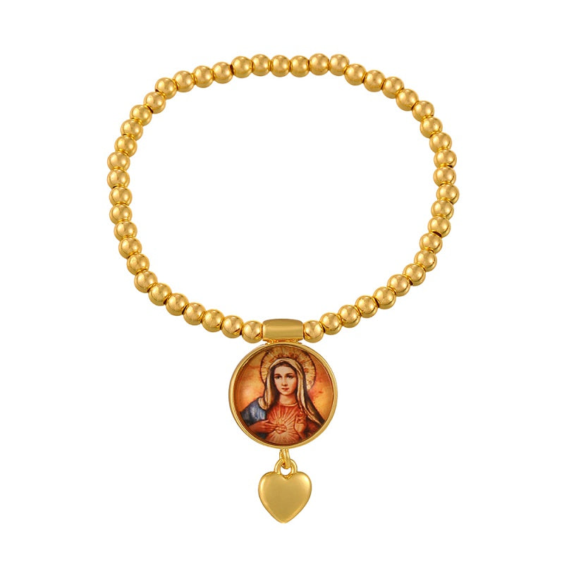 Gold 1 Round Religious Pattern Heart Beaded Bracelet