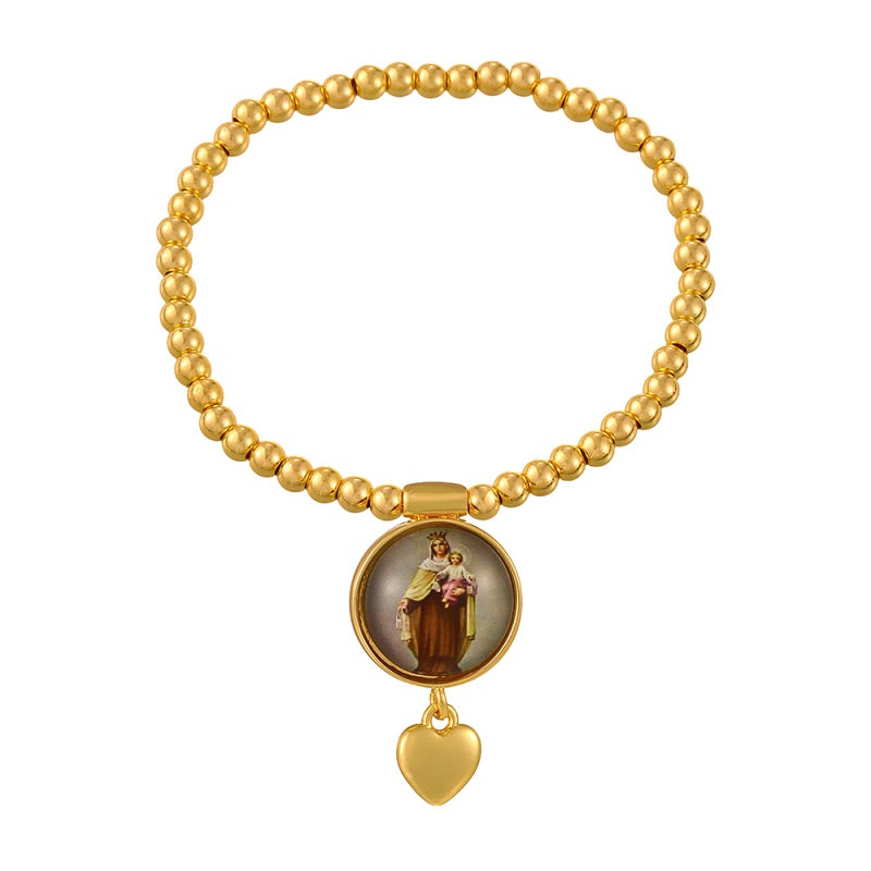 Gold 1 Round Religious Pattern Heart Beaded Bracelet