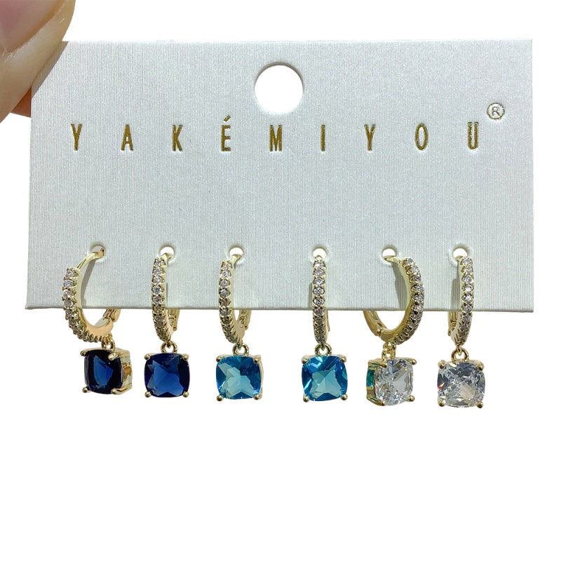 Gold 6-piece Set Of Square Copper Earrings Inlaid With Zircon