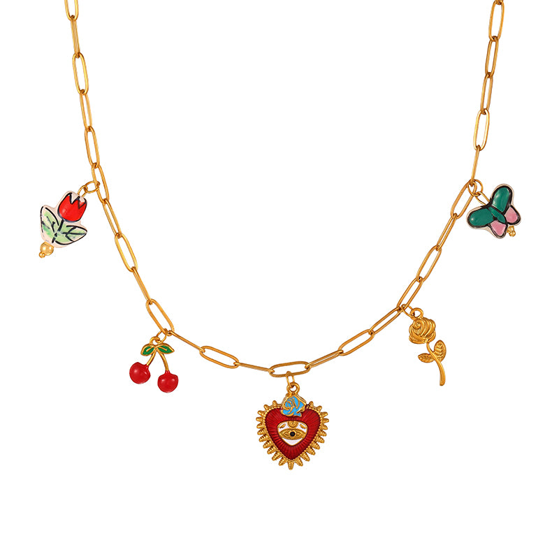 Gold 1 Western Cowboy Oil-drip Heart Eye Titanium Steel Necklace