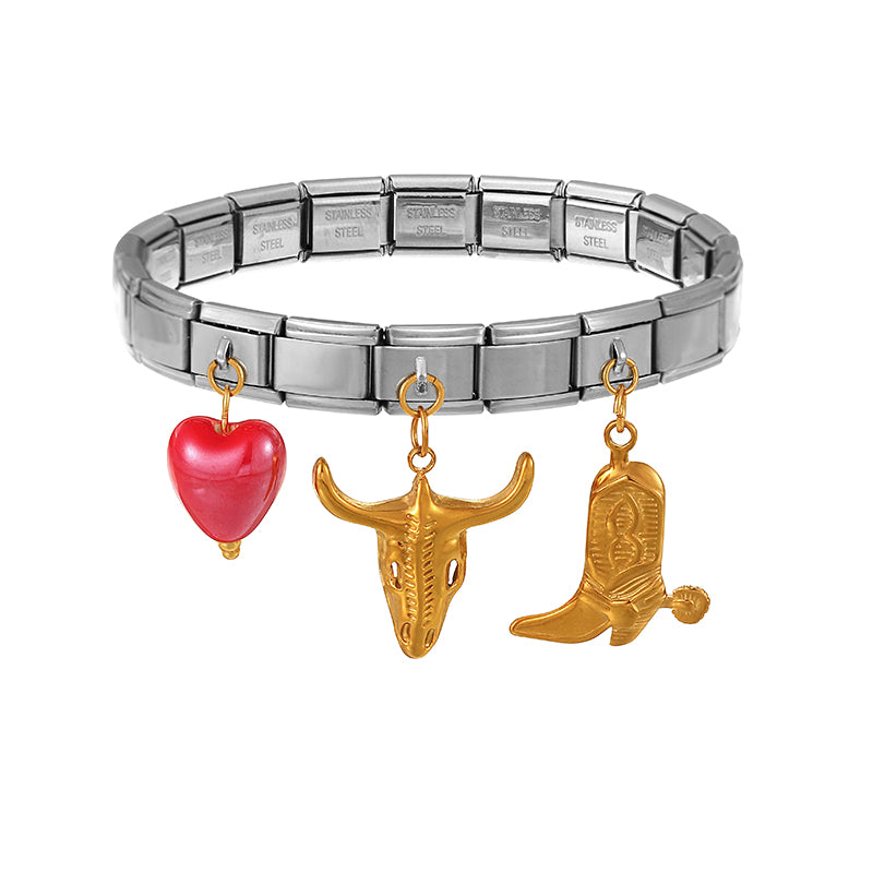 Gold And Silver 3 Heart-shaped Flower Ceramic Titanium Steel Square Module Bracelet