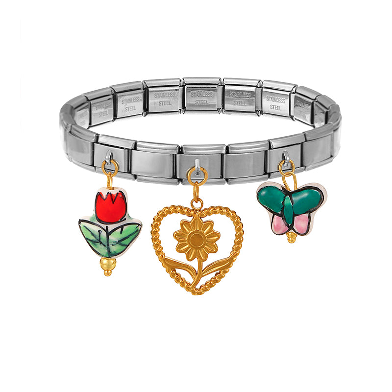 Gold And Silver 3 Heart-shaped Flower Ceramic Titanium Steel Square Module Bracelet