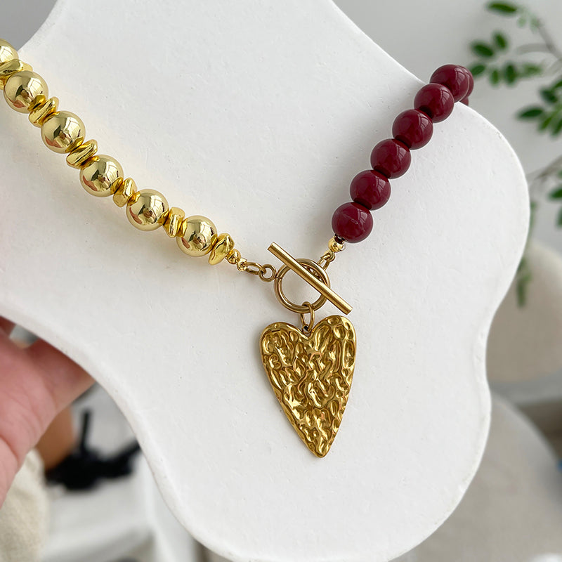 Gold Titanium Steel Heart-shaped Beaded Ot Buckle Necklace