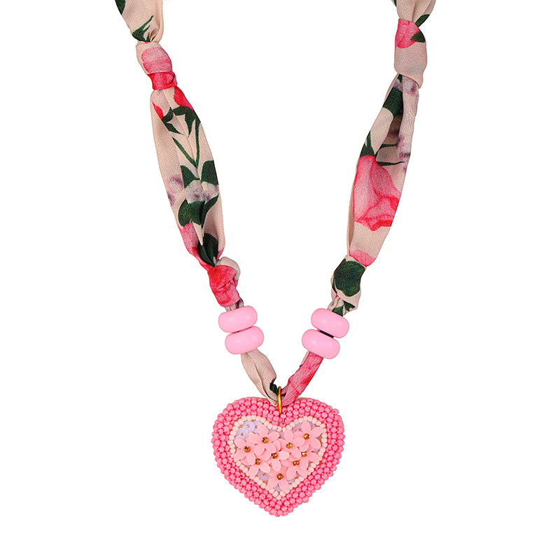 Pink Rice Bead Heart Flower Non-woven Printed Fabric Beaded Necklace