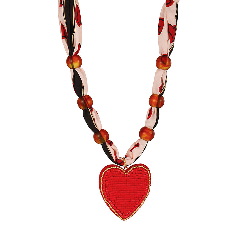 Pink Rice Bead Heart Flower Non-woven Printed Fabric Beaded Necklace