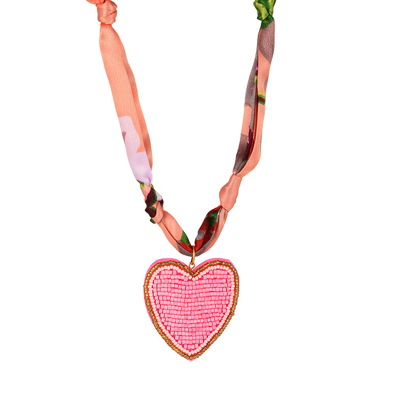 Pink Rice Bead Heart-shaped Non-woven Printed Fabric Necklace