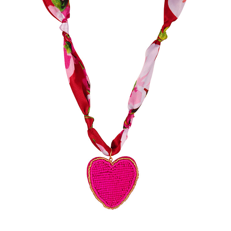 Pink Rice Bead Heart-shaped Non-woven Printed Fabric Necklace