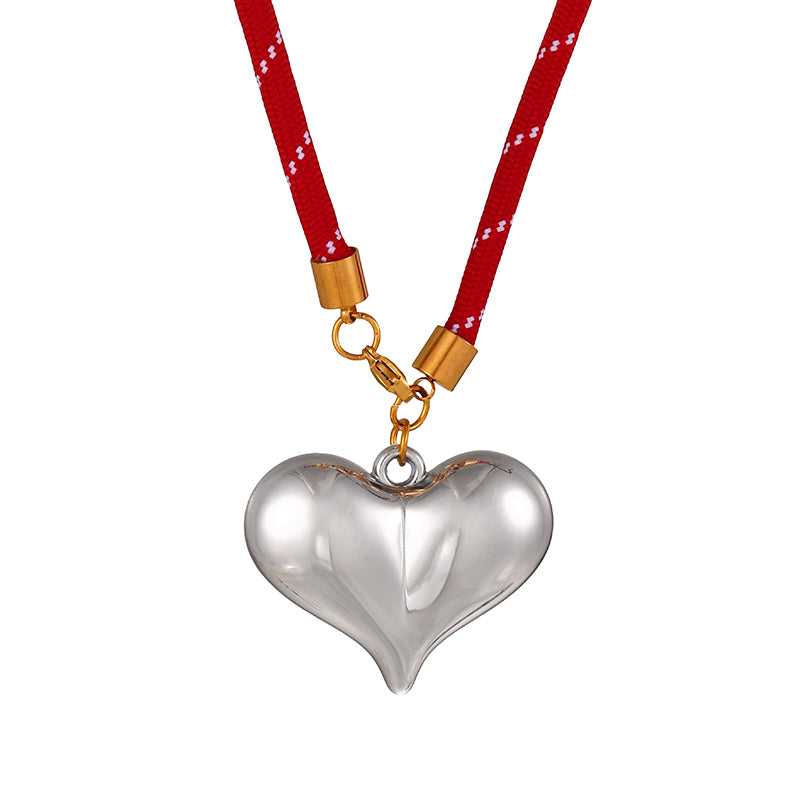 Pink Resin Heart Striped Elastic Cord Necklace