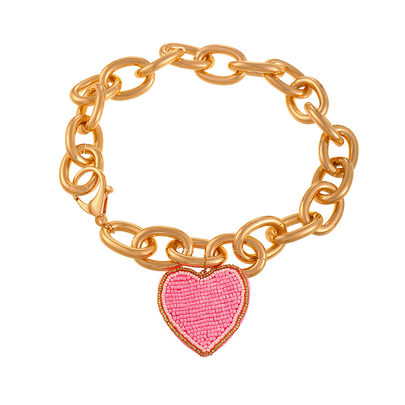 Pink Rice Bead Heart Non-woven Alloy Chunky Chain Necklace