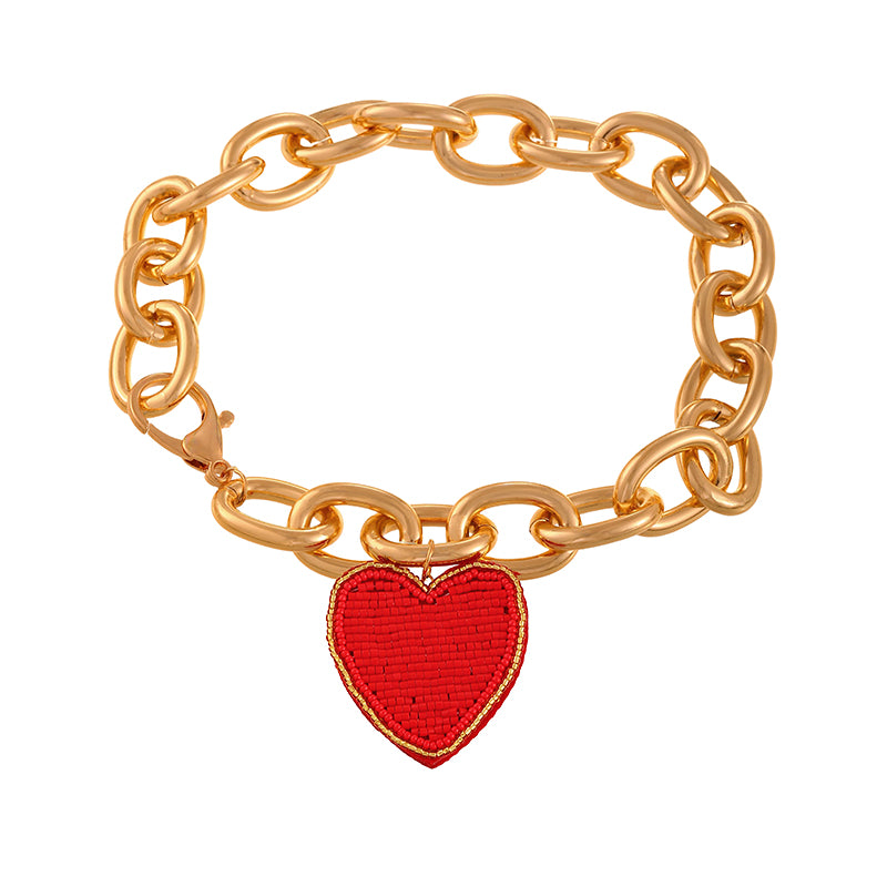 Pink Rice Bead Heart Non-woven Alloy Chunky Chain Necklace