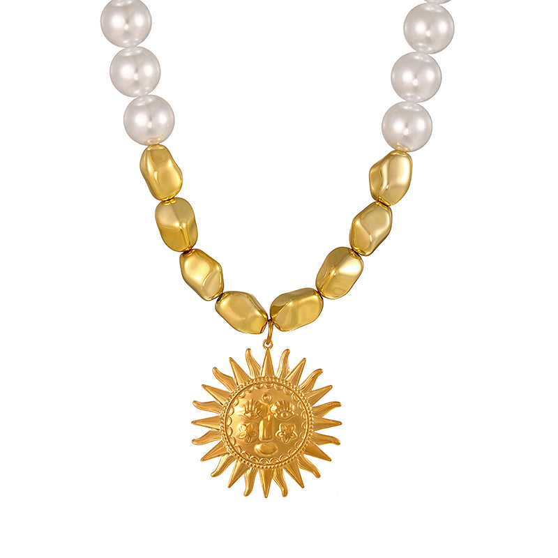 Gold 1 Titanium Steel Sun Face Imitation Pearl Necklace