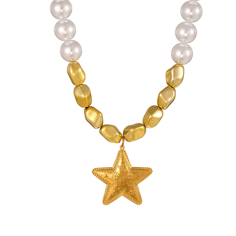 Gold 1 Titanium Steel Sun Face Imitation Pearl Necklace