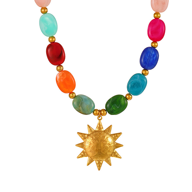 Pink Titanium Steel Heart-shaped Resin Beaded Necklace