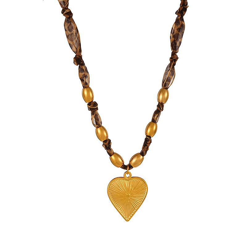 Gold 1 Titanium Steel Heart Series Leopard Print Ribbon Beaded Necklace