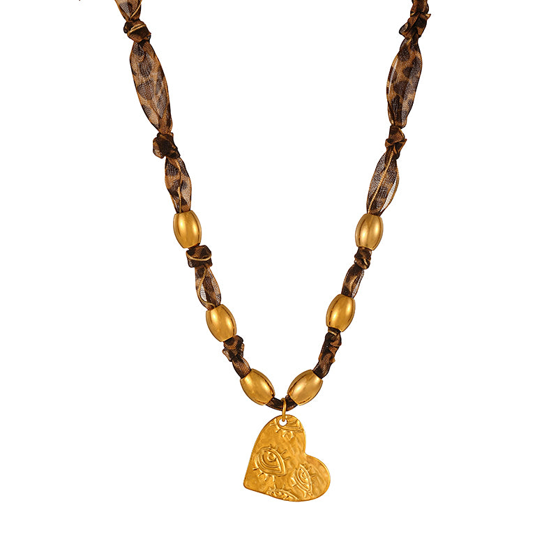 Gold 1 Titanium Steel Heart Series Leopard Print Ribbon Beaded Necklace