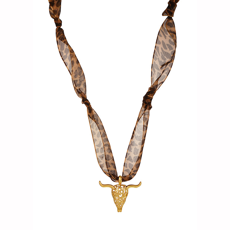 Gold Titanium Steel Openwork Bull Head Leopard Print Ribbon Necklace