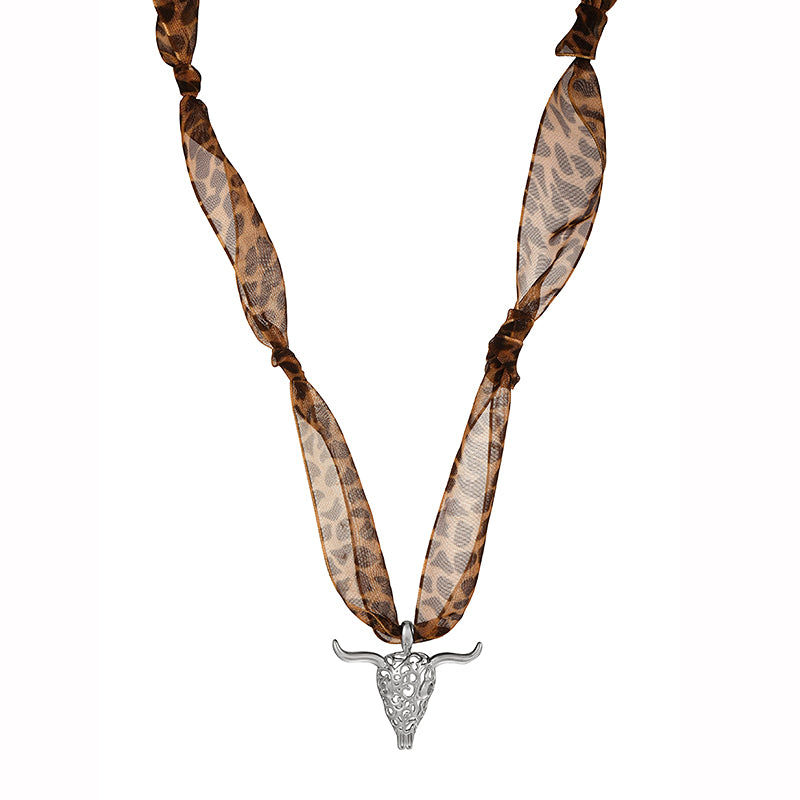 Gold Titanium Steel Openwork Bull Head Leopard Print Ribbon Necklace