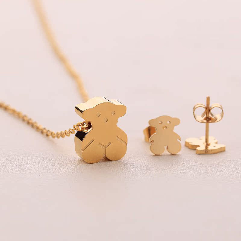 Gold Titanium Steel Gold-plated Bear Necklace And Earring Set
