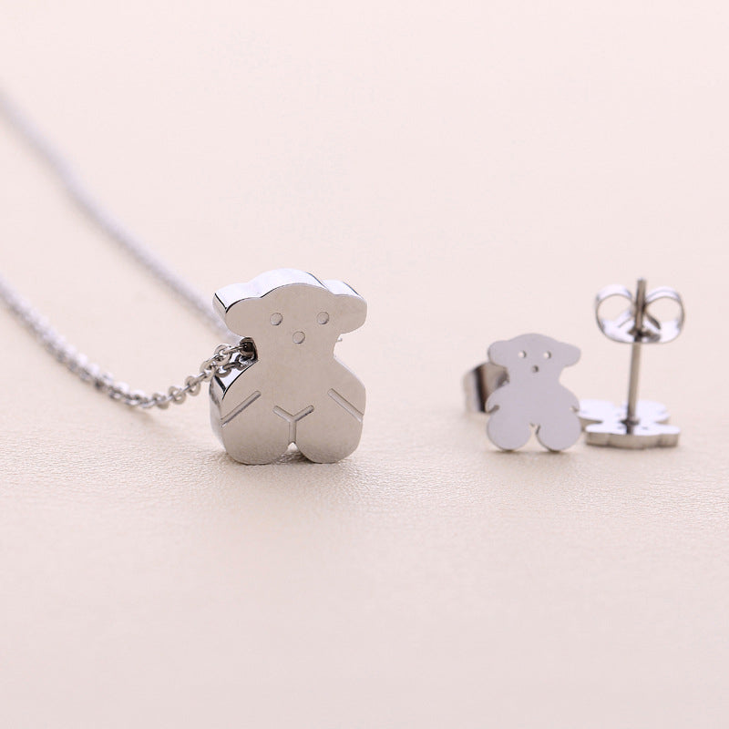Gold Titanium Steel Gold-plated Bear Necklace And Earring Set