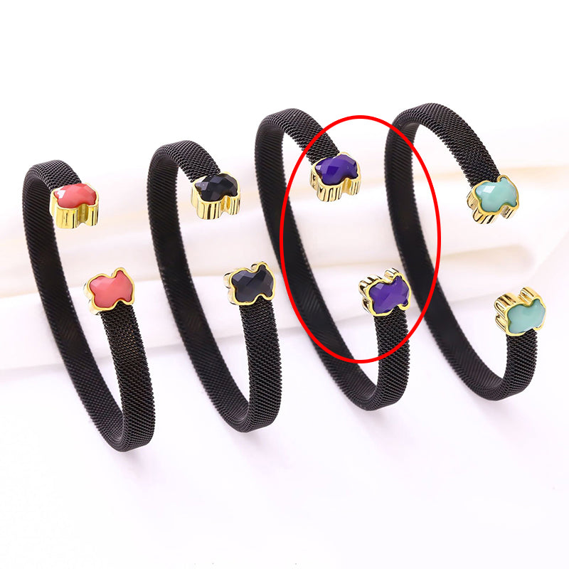 Gang + Black Stainless Steel Bear-shaped Agate Round C-shaped Bracelet