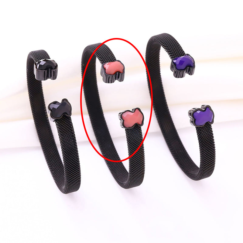 Gang + Black Stainless Steel Bear-shaped Agate Round C-shaped Bracelet