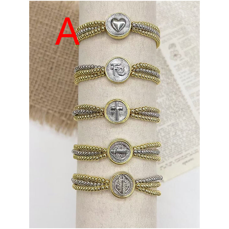 A Color-blocked Religious Series Multi-layered Beaded Copper Bracelet