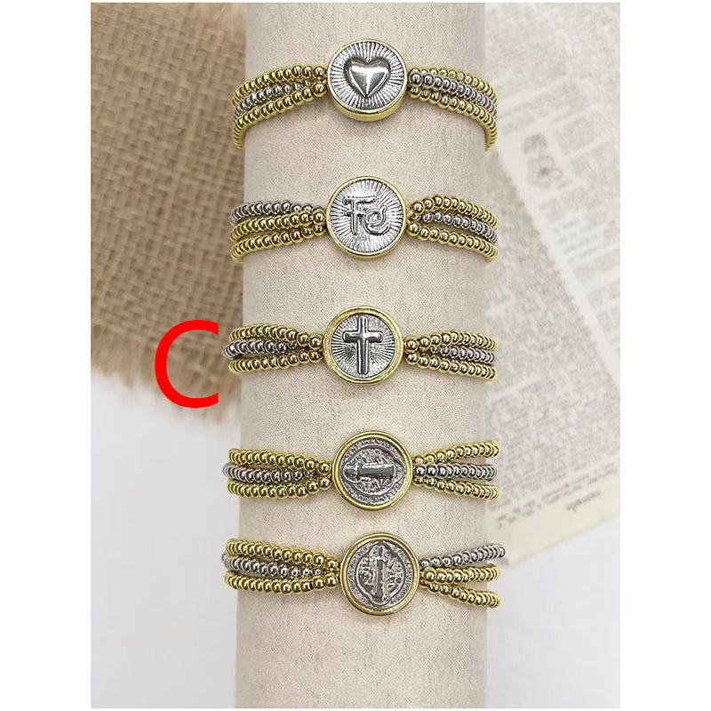 A Color-blocked Religious Series Multi-layered Beaded Copper Bracelet